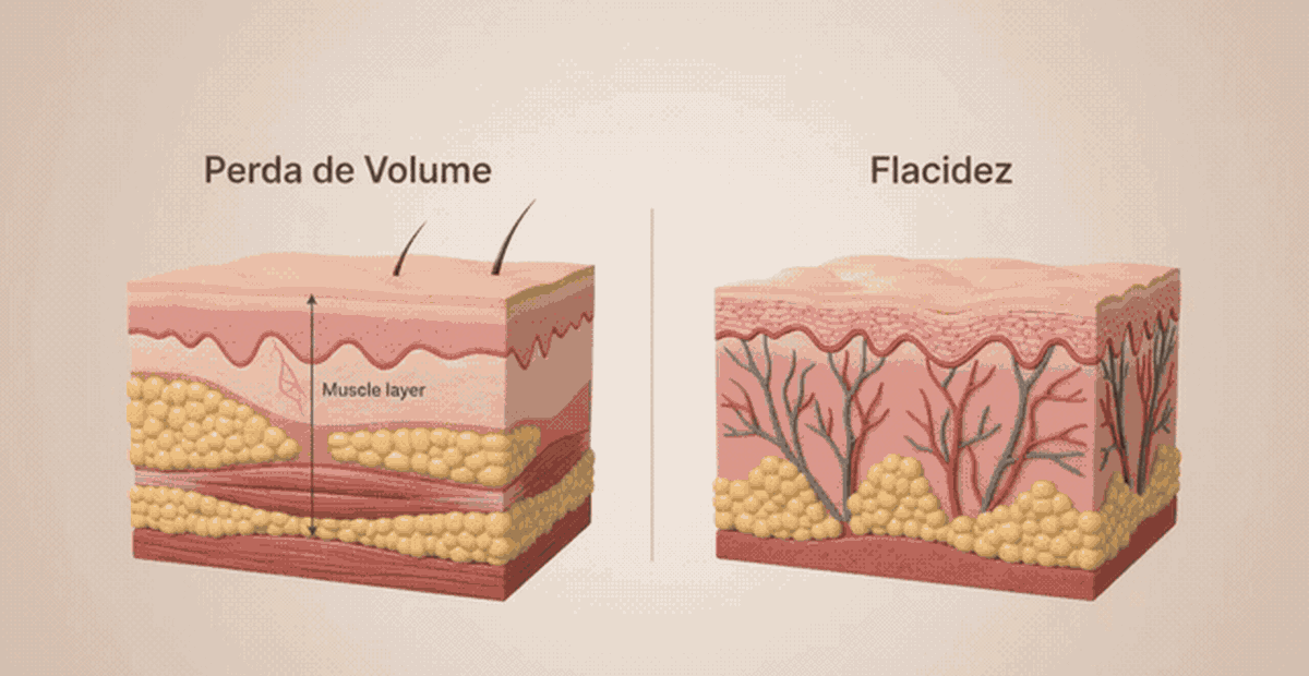 Animação comparando a pele com perda de volume e a pele com flacidez, em cortes transversais mostrando pele, gordura e músculo.